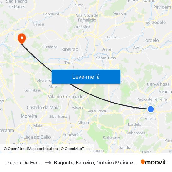 Paços De Ferreira to Bagunte, Ferreiró, Outeiro Maior e Parada map