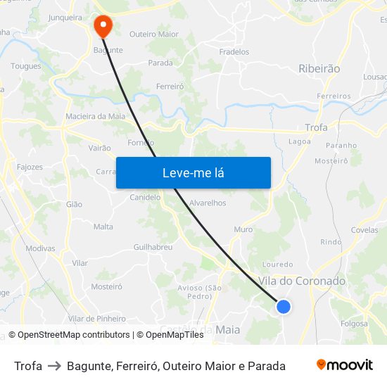 Trofa to Bagunte, Ferreiró, Outeiro Maior e Parada map