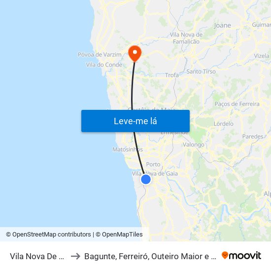 Vila Nova De Gaia to Bagunte, Ferreiró, Outeiro Maior e Parada map