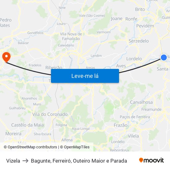 Vizela to Bagunte, Ferreiró, Outeiro Maior e Parada map