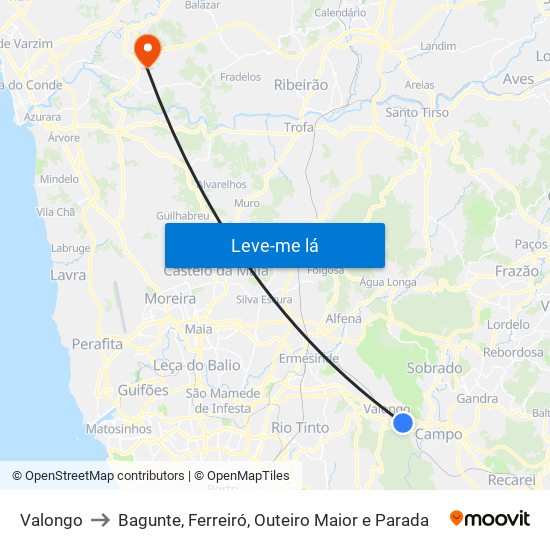 Valongo to Bagunte, Ferreiró, Outeiro Maior e Parada map