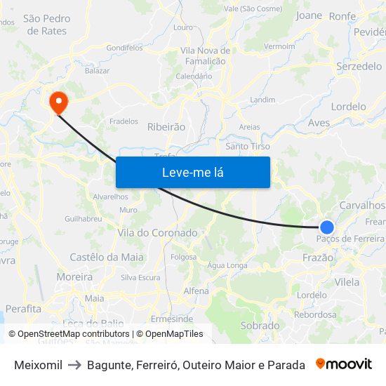 Meixomil to Bagunte, Ferreiró, Outeiro Maior e Parada map