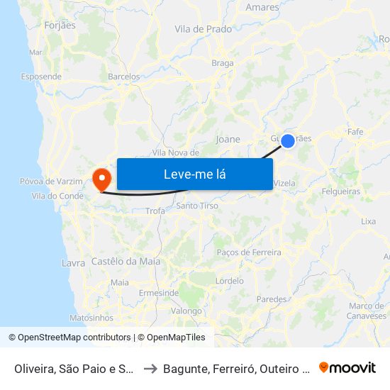 Oliveira, São Paio e São Sebastião to Bagunte, Ferreiró, Outeiro Maior e Parada map