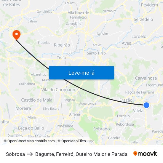 Sobrosa to Bagunte, Ferreiró, Outeiro Maior e Parada map