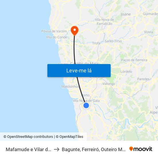 Mafamude e Vilar do Paraíso to Bagunte, Ferreiró, Outeiro Maior e Parada map