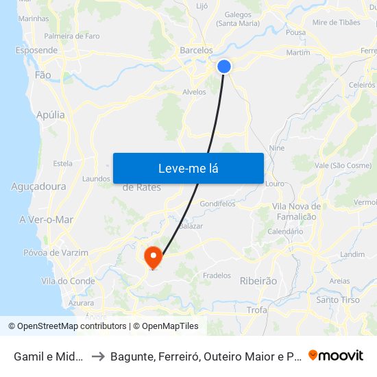 Gamil e Midões to Bagunte, Ferreiró, Outeiro Maior e Parada map