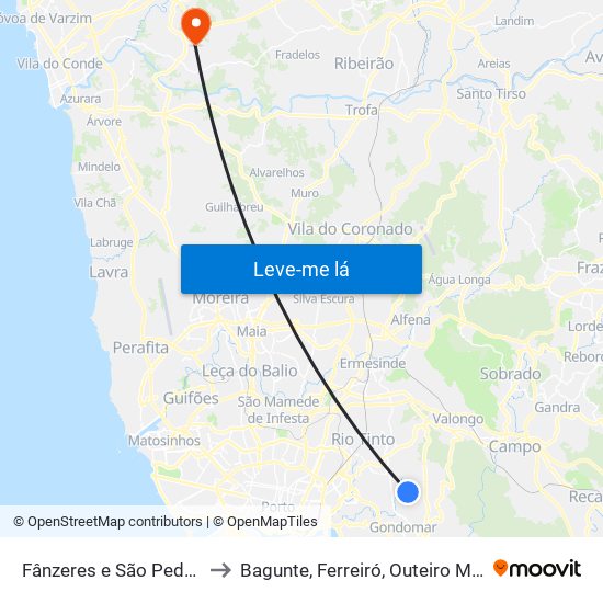 Fânzeres e São Pedro da Cova to Bagunte, Ferreiró, Outeiro Maior e Parada map