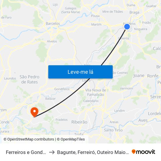 Ferreiros e Gondizalves to Bagunte, Ferreiró, Outeiro Maior e Parada map