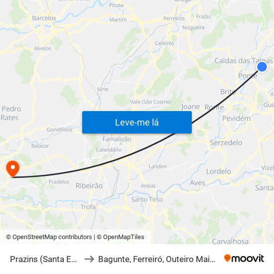 Prazins (Santa Eufémia) to Bagunte, Ferreiró, Outeiro Maior e Parada map