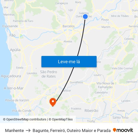 Manhente to Bagunte, Ferreiró, Outeiro Maior e Parada map