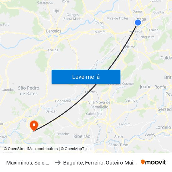 Maximinos, Sé e Cividade to Bagunte, Ferreiró, Outeiro Maior e Parada map