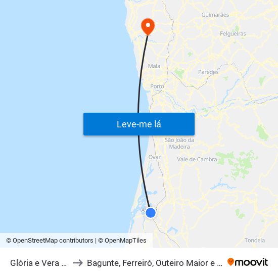 Glória e Vera Cruz to Bagunte, Ferreiró, Outeiro Maior e Parada map