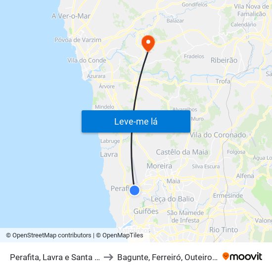 Perafita, Lavra e Santa Cruz do Bispo to Bagunte, Ferreiró, Outeiro Maior e Parada map