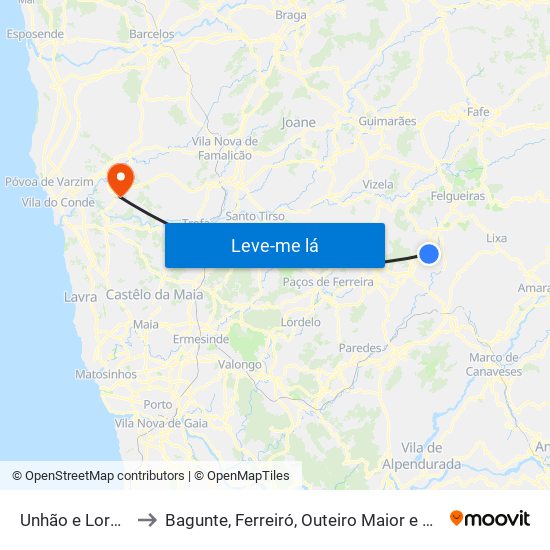 Unhão e Lordelo to Bagunte, Ferreiró, Outeiro Maior e Parada map