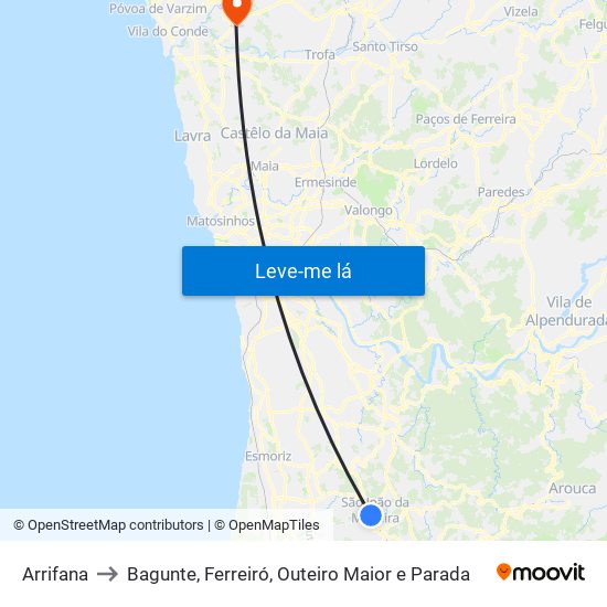 Arrifana to Bagunte, Ferreiró, Outeiro Maior e Parada map