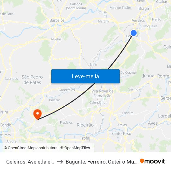 Celeirós, Aveleda e Vimieiro to Bagunte, Ferreiró, Outeiro Maior e Parada map