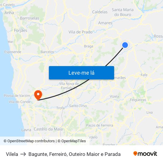 Vilela to Bagunte, Ferreiró, Outeiro Maior e Parada map