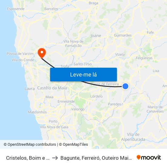 Cristelos, Boim e Ordem to Bagunte, Ferreiró, Outeiro Maior e Parada map