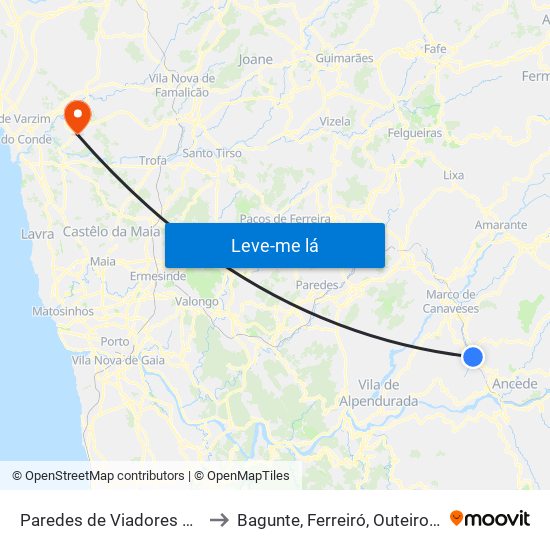 Paredes de Viadores e Manhuncelos to Bagunte, Ferreiró, Outeiro Maior e Parada map