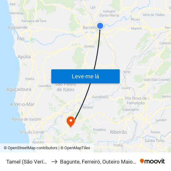 Tamel (São Veríssimo) to Bagunte, Ferreiró, Outeiro Maior e Parada map