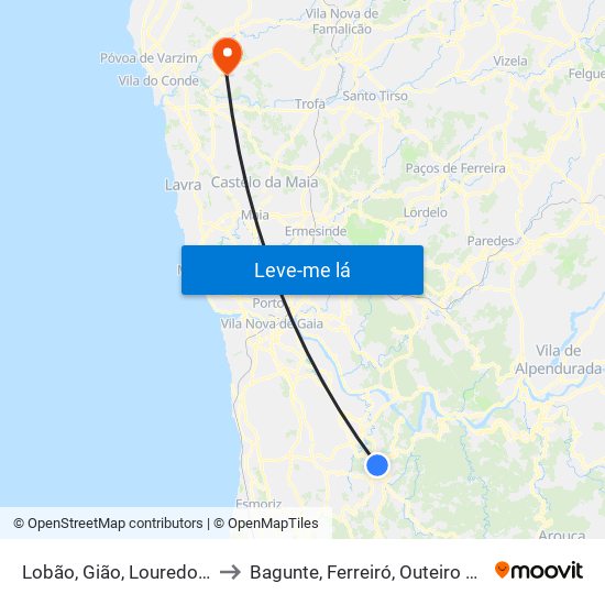 Lobão, Gião, Louredo e Guisande to Bagunte, Ferreiró, Outeiro Maior e Parada map
