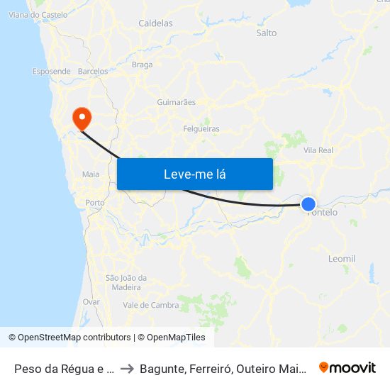 Peso da Régua e Godim to Bagunte, Ferreiró, Outeiro Maior e Parada map