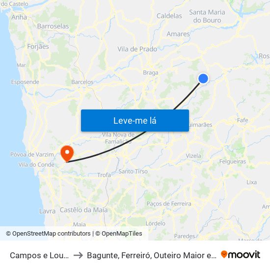 Campos e Louredo to Bagunte, Ferreiró, Outeiro Maior e Parada map