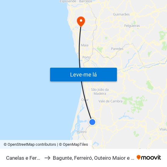 Canelas e Fermelã to Bagunte, Ferreiró, Outeiro Maior e Parada map