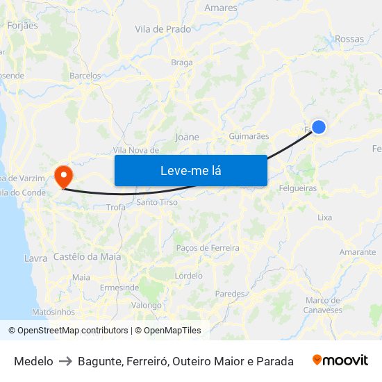 Medelo to Bagunte, Ferreiró, Outeiro Maior e Parada map
