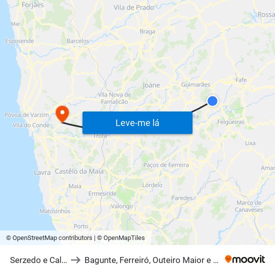 Serzedo e Calvos to Bagunte, Ferreiró, Outeiro Maior e Parada map