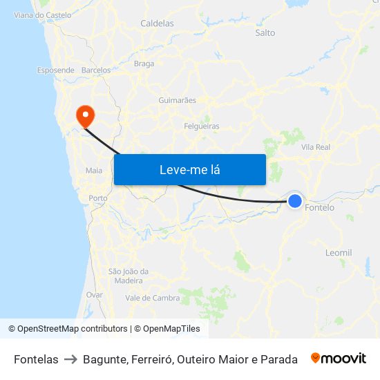 Fontelas to Bagunte, Ferreiró, Outeiro Maior e Parada map