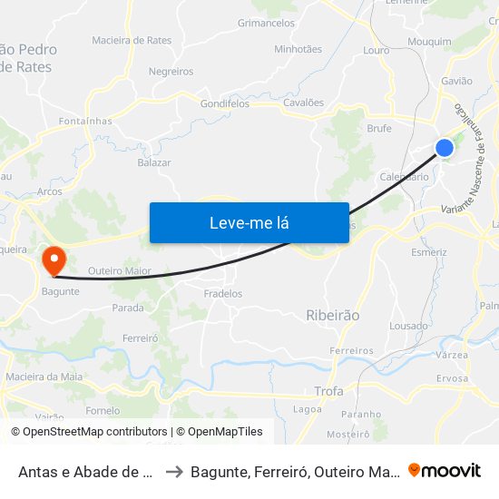 Antas e Abade de Vermoim to Bagunte, Ferreiró, Outeiro Maior e Parada map