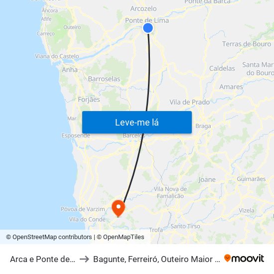 Arca e Ponte de Lima to Bagunte, Ferreiró, Outeiro Maior e Parada map