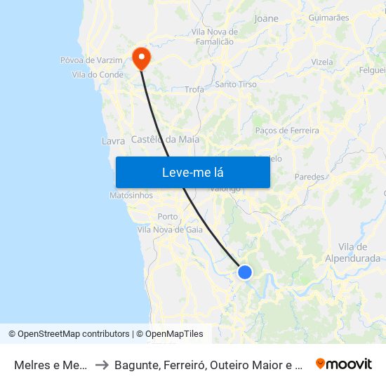 Melres e Medas to Bagunte, Ferreiró, Outeiro Maior e Parada map