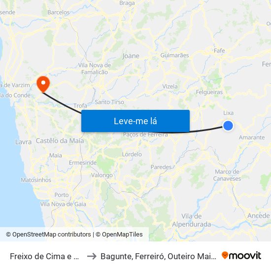 Freixo de Cima e de Baixo to Bagunte, Ferreiró, Outeiro Maior e Parada map