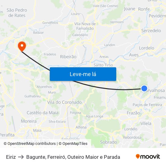 Eiriz to Bagunte, Ferreiró, Outeiro Maior e Parada map