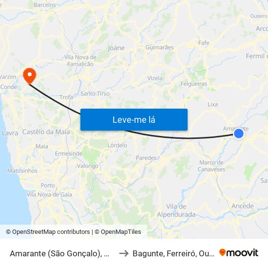 Amarante (São Gonçalo), Madalena, Cepelos e Gatão to Bagunte, Ferreiró, Outeiro Maior e Parada map