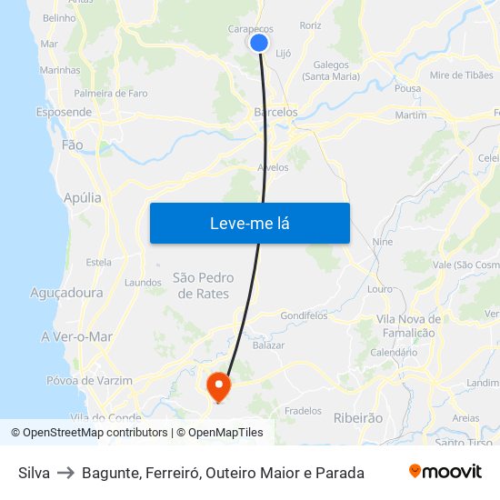 Silva to Bagunte, Ferreiró, Outeiro Maior e Parada map