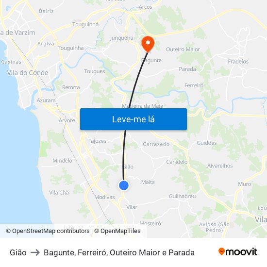 Gião to Bagunte, Ferreiró, Outeiro Maior e Parada map