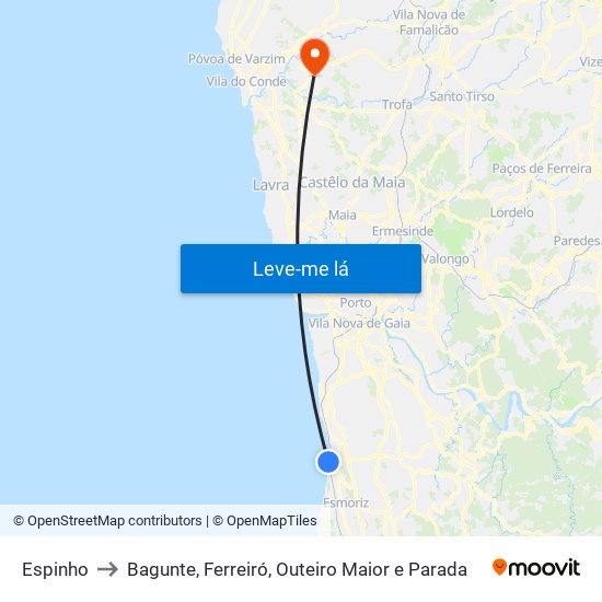 Espinho to Bagunte, Ferreiró, Outeiro Maior e Parada map