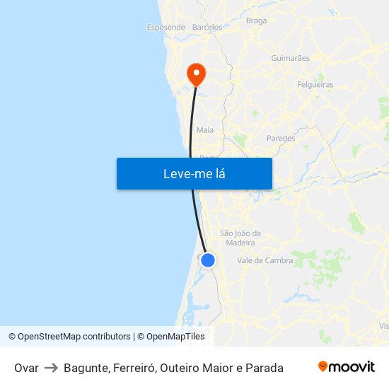 Ovar to Bagunte, Ferreiró, Outeiro Maior e Parada map