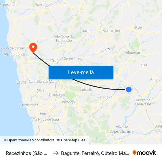 Recezinhos (São Mamede) to Bagunte, Ferreiró, Outeiro Maior e Parada map