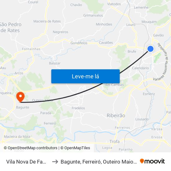 Vila Nova De Famalicão to Bagunte, Ferreiró, Outeiro Maior e Parada map