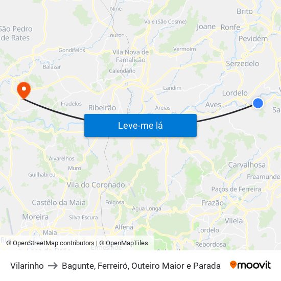 Vilarinho to Bagunte, Ferreiró, Outeiro Maior e Parada map