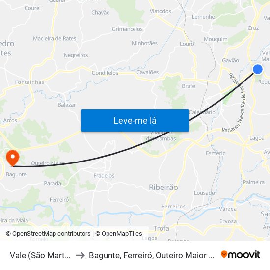 Vale (São Martinho) to Bagunte, Ferreiró, Outeiro Maior e Parada map