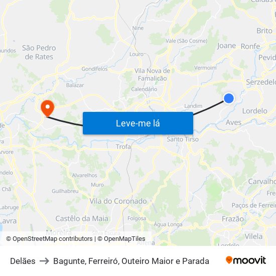 Delães to Bagunte, Ferreiró, Outeiro Maior e Parada map