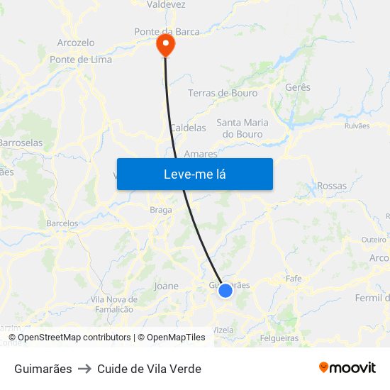 Guimarães to Cuide de Vila Verde map