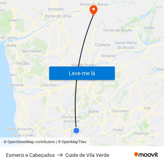 Esmeriz e Cabeçudos to Cuide de Vila Verde map