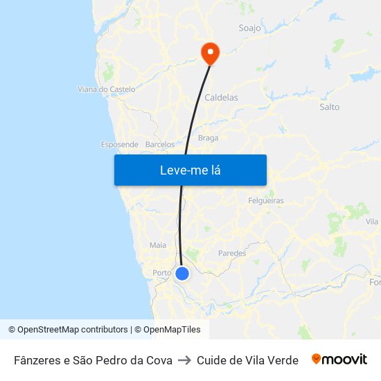 Fânzeres e São Pedro da Cova to Cuide de Vila Verde map