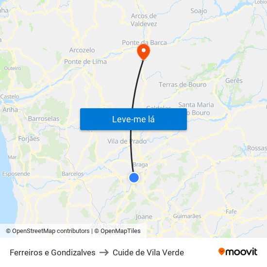 Ferreiros e Gondizalves to Cuide de Vila Verde map